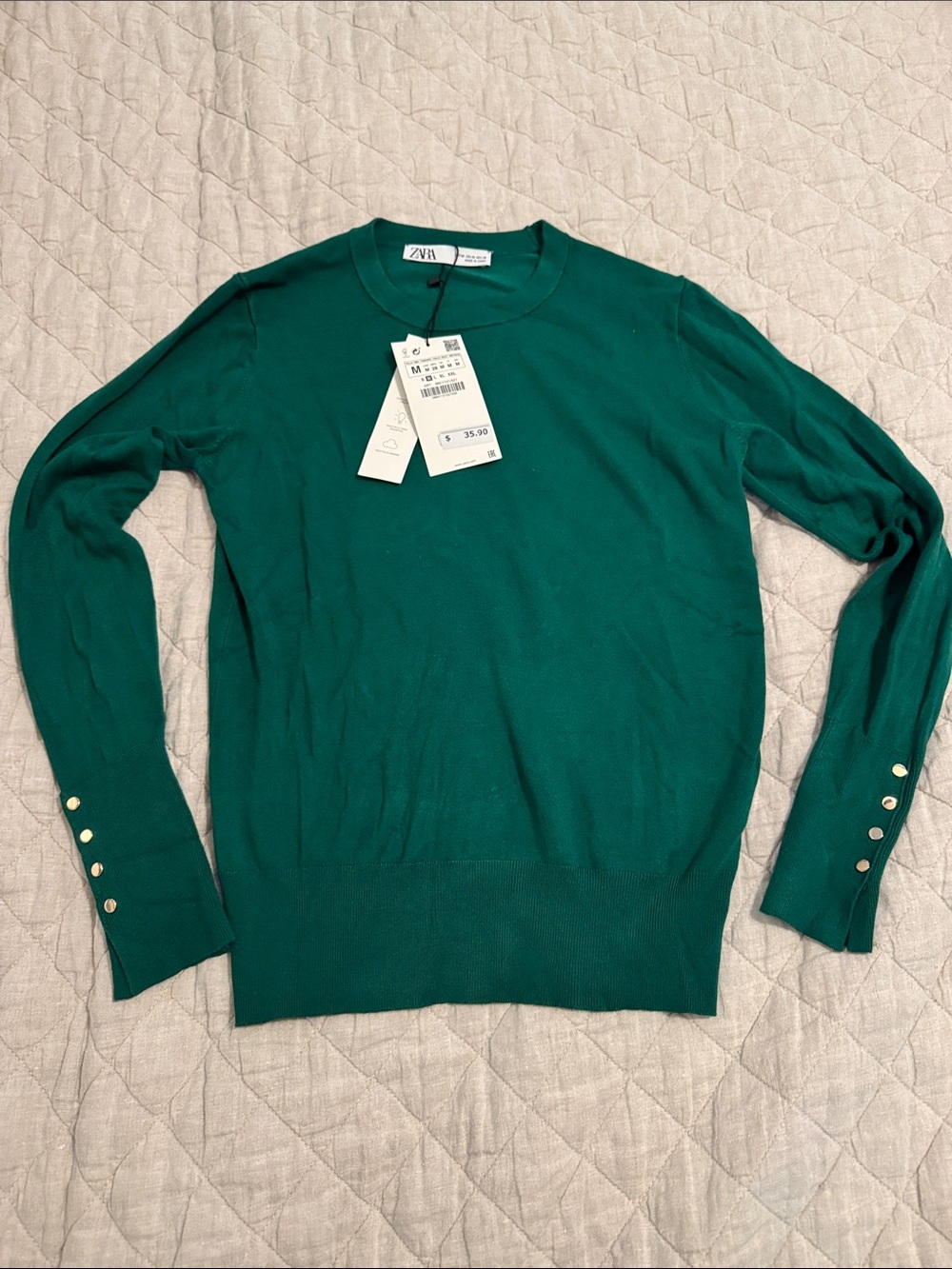 Zara Green Crewneck Sweater with Sleeve Buttons